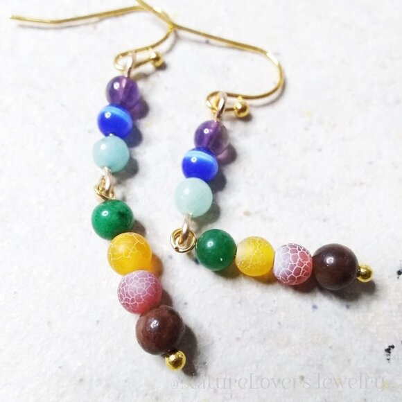 7 Chakra Earrings! Dainty + Slim Dangle Earrings with Semi Precious Stones - Picture 3 of 11